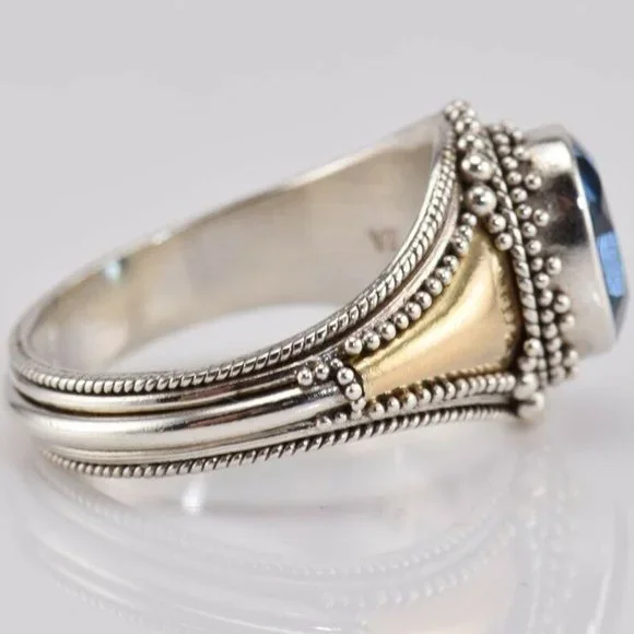 SUARTI BALI BA Sterling Silver & 18K Gold 2.5CT Blue Topaz Ring Dotted Size 8.75 - Picture 4 of 5